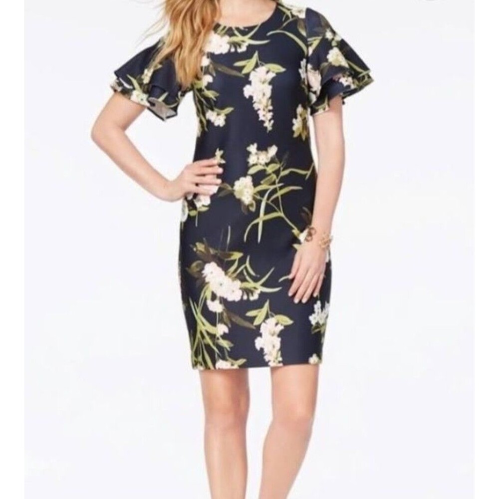 Tommy Hilfiger Dark Blue Floral Dress Size 4 Sheath Stretch Designer Chic